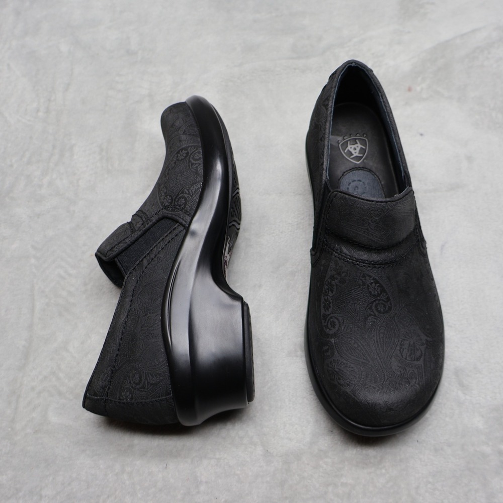 Ariat Womens 5.5 Clogs Shoes Black Paisley Embossed Leather Slip On Mules NEW